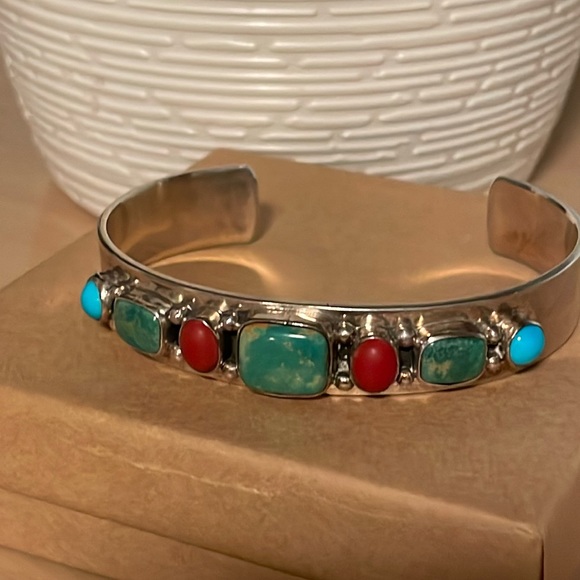 Ray Bennett Native American Turquoise Multi Stone Cuff Bracelet Unisex - Picture 4 of 10